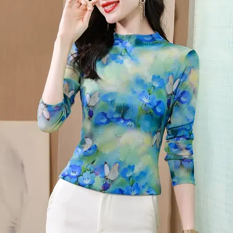 气质妈妈装时尚网纱打底衫女长袖复古印花别致上衣修身显瘦雪纺衫商品大图