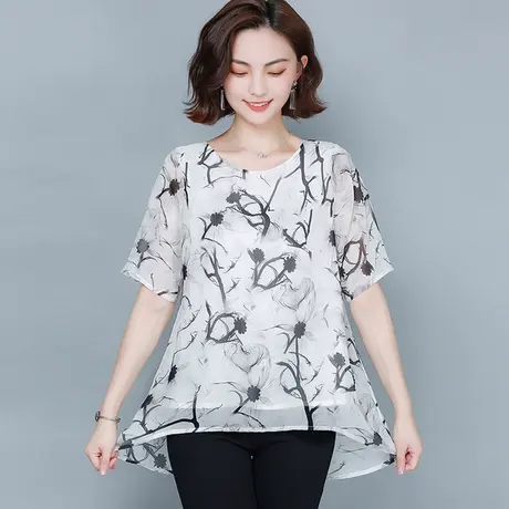 新款夏季雪纺衫女装短袖碎花遮肚子上衣洋气减龄2023小衫大码胖MM图片