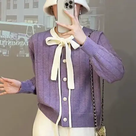 春季2024年软糯高级感蝴蝶结针织开衫外套小个子洋气百搭春秋上衣图片