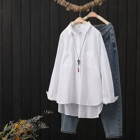 纯棉白色衬衫女长袖2023年春装新款宽松显瘦前短后长外搭衬衣开衫图片
