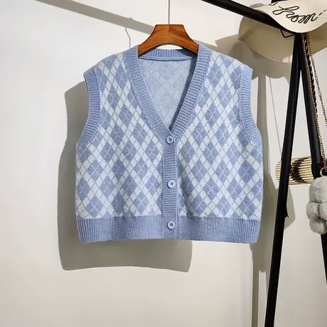 学院风针织马甲开衫女春秋新款短款菱形格子无袖坎肩毛衣背心外套图片