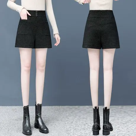 黑色格纹羊毛呢短裤女秋冬季2024年新款外穿高腰时尚A字阔腿裤子图片
