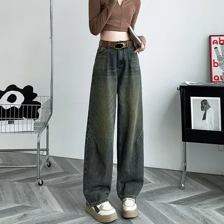 美式高街阔腿牛仔裤女秋季2023年新款高腰显瘦宽松复古垂感直筒裤商品大图