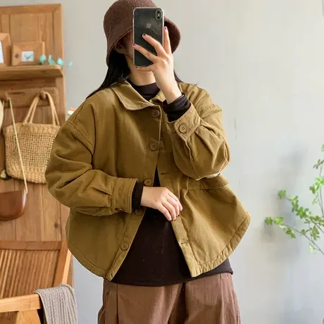 dza 复古polo领衬衫式棉衣外套女冬加厚工装棉服上衣保暖纯色棉袄图片