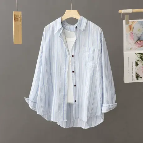 蓝色条纹衬衫女秋季2024新款休闲衬衣外套设计感小众法式上衣开衫图片