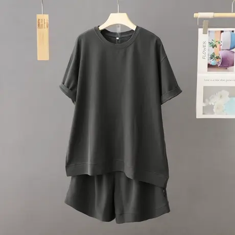 夏季纯色简约休闲套装女短袖短裤两件套2024新款宽松生运动装上衣商品大图