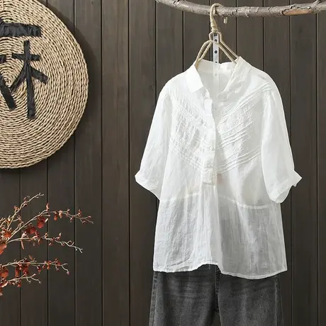 枫谜2022年夏季新款轻薄透气苎麻风琴皱翻领衬衫复古套头衬衣图片