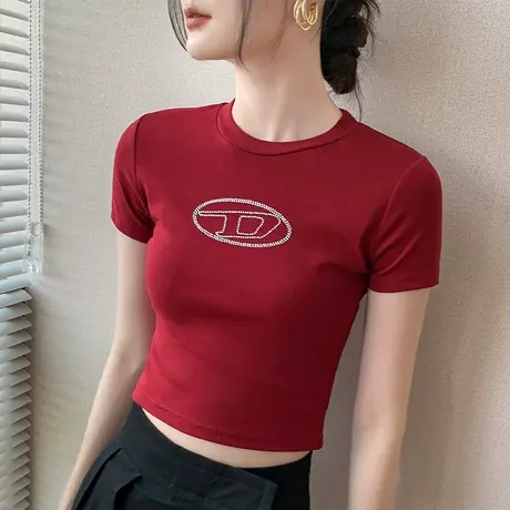 圆领短款t恤女2023夏季新款带钻修身打底衫甜辣百搭显瘦外穿上衣商品大图