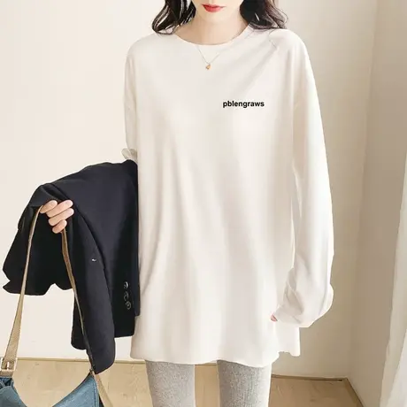 白色长袖t恤中长款宽松内搭2022秋装新款韩版纯棉打底衫初秋上衣图片