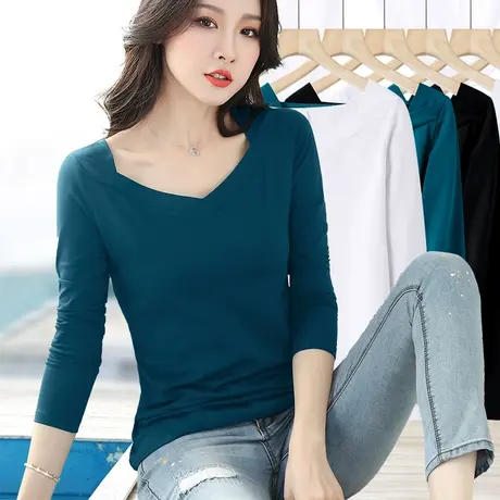 蓝色打底衫女春秋季衣服2024新款v领长袖上衣设计感小众修身百搭t图片