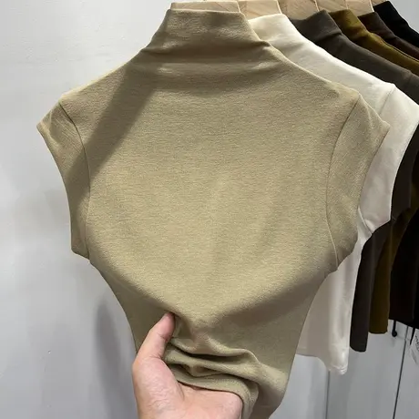 设计感气质半高领半袖T恤女2023早秋新款纯色百搭打底衫小衫上衣图片