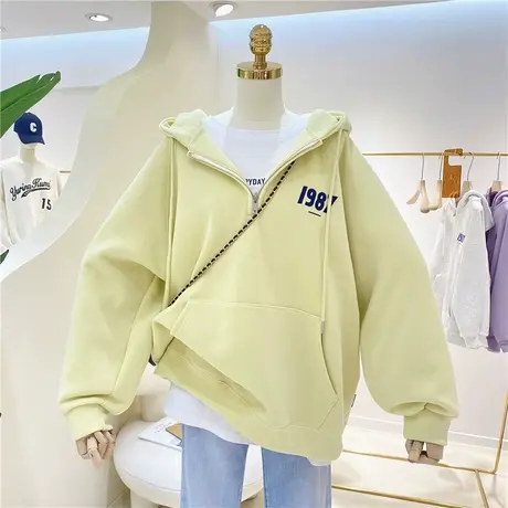 慵懒百搭简约刺绣半开拉链宽松连帽卫衣女加绒加厚外套oversize潮商品大图