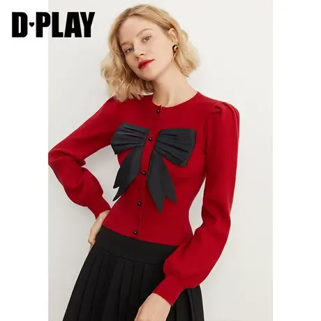DPLAY秋装新款撞色立体蝴蝶结装饰新年红色毛衣圆领针织衫商品大图