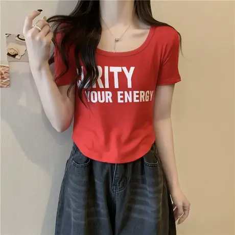 夏季短袖t恤女2024年新款修身短款半袖辣妹上衣方领打底小衫潮ins商品大图