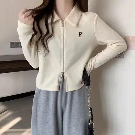 设计感小众短款卫衣长袖女秋季韩版百搭宽松双拉链POLO领上衣薄款商品大图