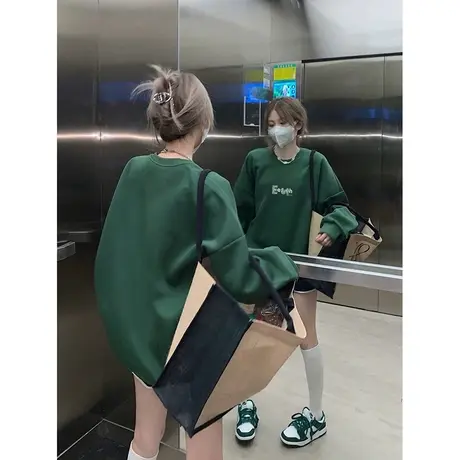 嘻哈潮ins酷绿色卫衣女美式hiphop高街加绒无帽外套甜辣上衣秋冬图片