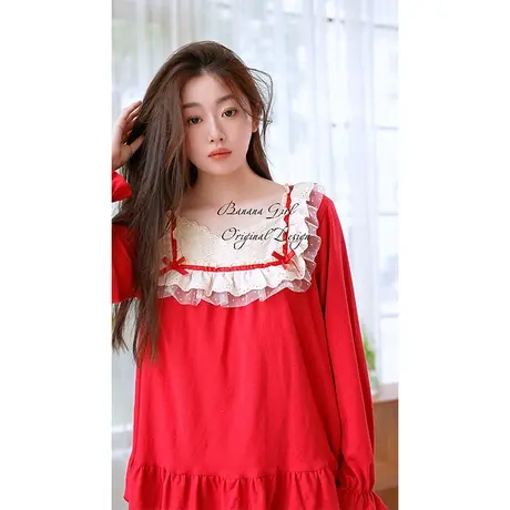 Bananagirl红色睡衣女款春秋新款纯棉长袖甜美新婚家居服结婚套装商品大图