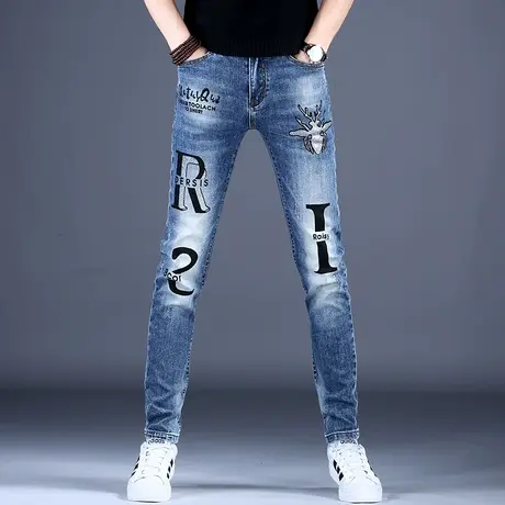 2023新款高档印花牛仔裤男款修身小脚裤子休闲弹力美式潮牌秋冬薄商品大图