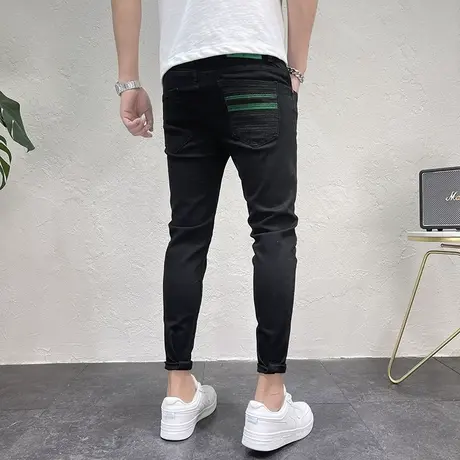 2023秋冬新款黑色九分牛仔裤男潮修身小脚裤个性拼接口袋铅笔裤子商品大图