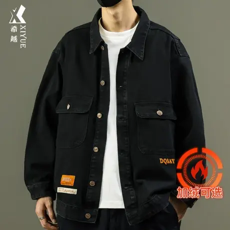 希越秋冬牛仔夹克男宽松大码胖子牛仔衣加大工装外套加绒加厚棉衣商品大图