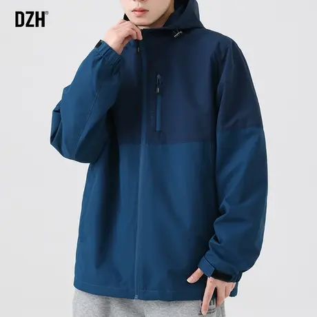 男士蓝色防水冲锋衣男外套春秋男装2023新款户外连帽登山夹克休闲商品大图