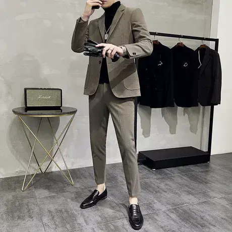 高级星空呢西装男套装秋冬加厚保暖修身外套英伦雅痞商务通勤西服商品大图