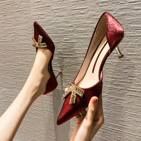 蝴蝶结绸缎高跟鞋女细跟2024年春季新款尖头水钻新娘结婚敬酒单鞋商品大图