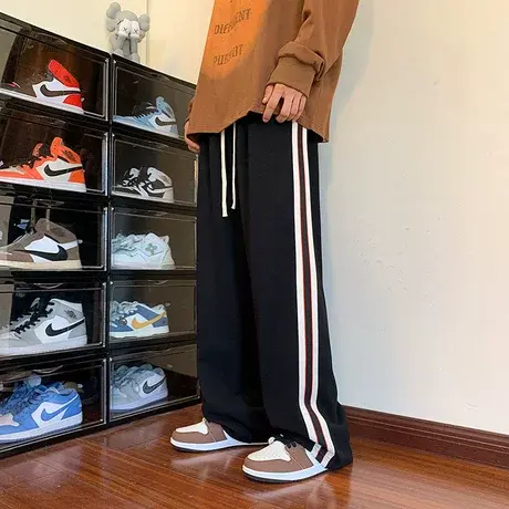 秋季侧边条纹阔腿拖地休闲长裤男士直筒宽松紧腰运动卫裤潮牌秋装商品大图