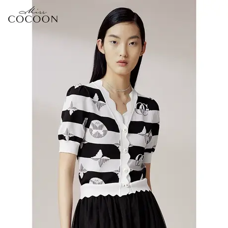 COCOON商场同款时尚上衣2023春新款设计感网纱拼接百搭针织开衫商品大图