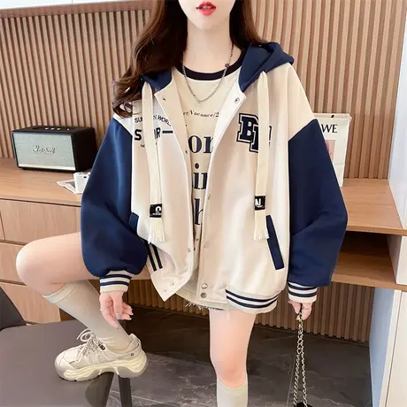 小个子棒球服外套女秋冬韩版宽松加绒加厚保暖插肩袖撞色开衫卫衣图片