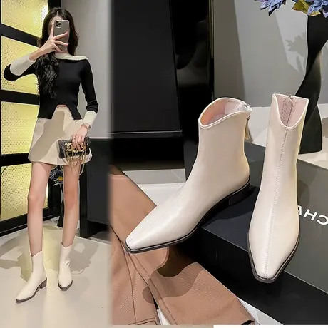 法式短靴女小个子2024年新款秋冬粗跟V口短筒靴时尚尖头切尔西靴商品大图