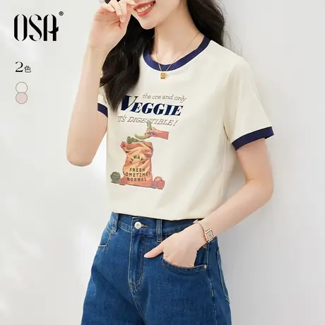 OSA欧莎童趣印花冰丝短袖t恤女夏季2023年新款凉感正肩体恤上衣图片