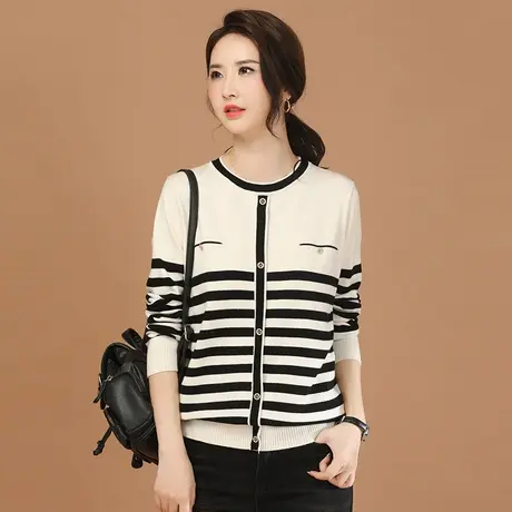 韩潮袭人法式圆领条纹打底针织衫2024春季新款女士套头毛衣内搭图片