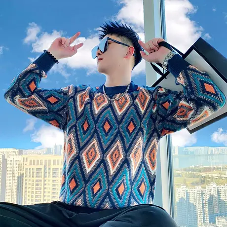 民族风菱形花色针织毛衣男冬季2023新款个性潮牌加厚内搭打底线衣商品大图