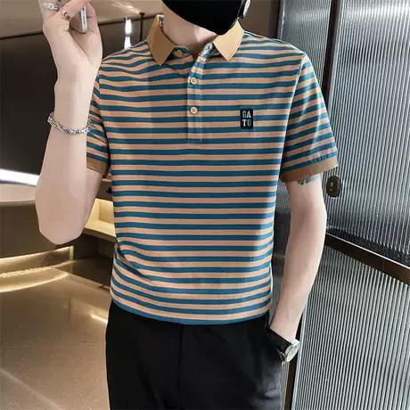 2023新款英伦撞色条纹刺绣t恤男夏季高端修身短袖polo衫潮流半袖商品大图