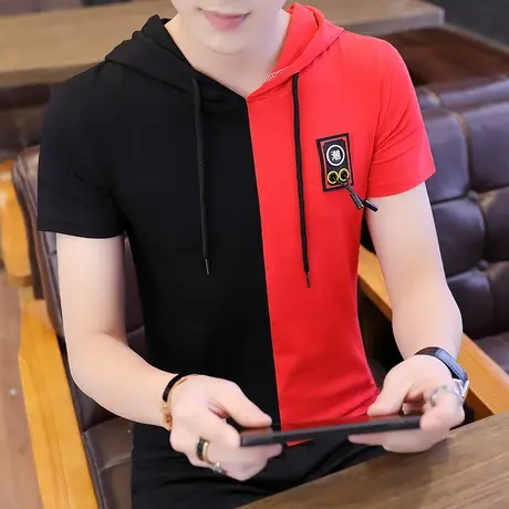 2019夏季新款短袖男T恤个性潮流上衣青少年初中学生衣服连帽卫衣商品大图