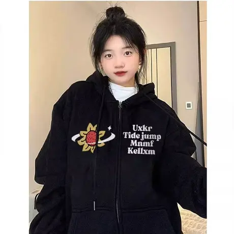 美式复古卫衣女秋冬季设计感小众上衣连帽慵懒风加绒加厚开衫外套商品大图