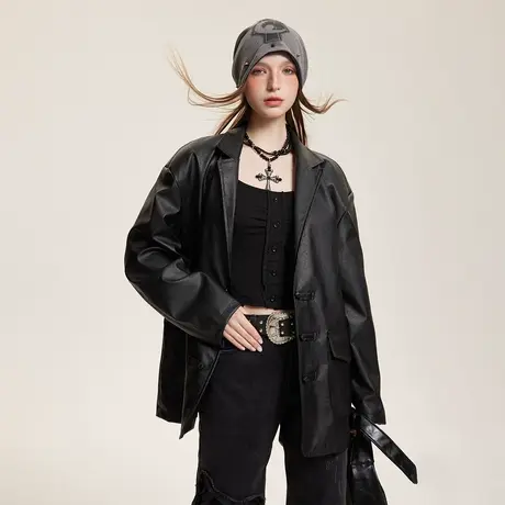 黑色PU皮外套女2024春秋新款西装街头国潮新中式女装宽松夹克上衣商品大图