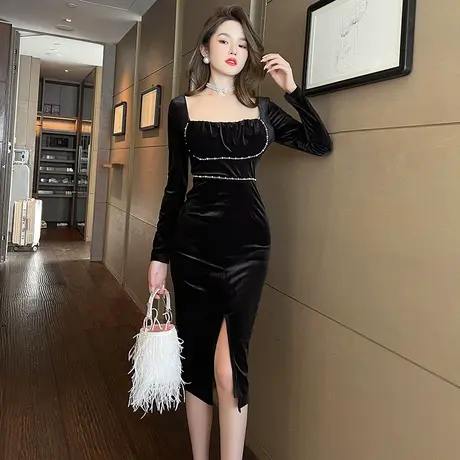 聚会小礼服平时可穿轻奢法式裙子气质简约名媛宴会洋装丝绒连衣裙图片