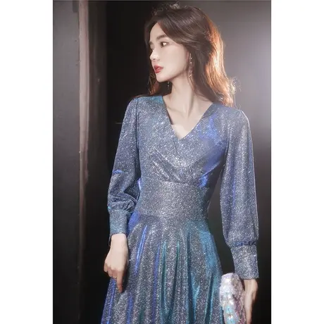 克莱因蓝色晚礼服裙女高级感V领宴会气质长袖年会主持人声乐艺考图片