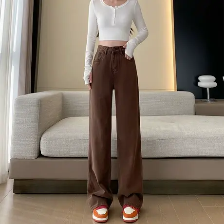 深咖色高腰直筒牛仔裤女春秋2024新款宽松显瘦百搭垂感阔腿拖地裤商品大图