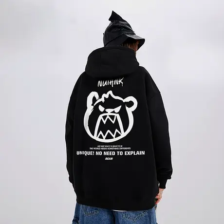 Nuthink日系原宿风oversize宽松小熊连帽卫衣男大码加绒情侣外套商品大图
