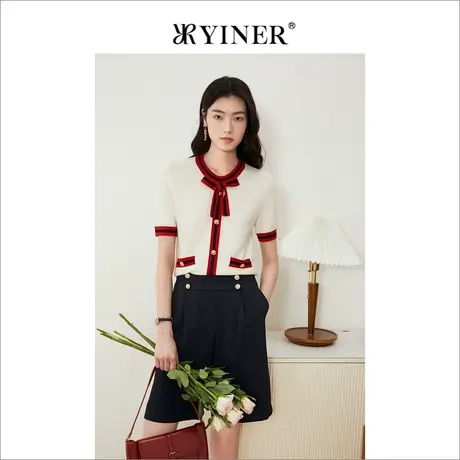 YINER音儿线上专选女装2022夏季撞色圆领蝴蝶结针织衫商品大图