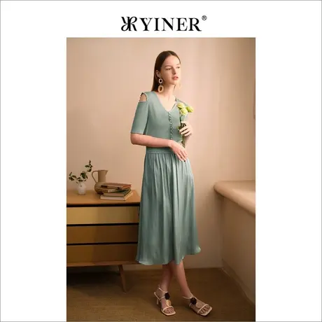 YINER音儿女装夏季女装法式V领含桑蚕丝收褶连衣裙商品大图