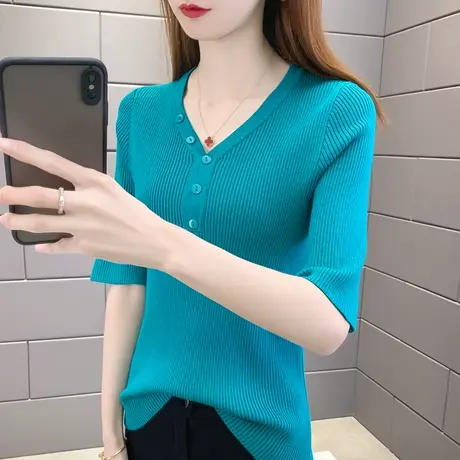 淑恋妃2024春秋新品五分短袖修身显瘦纯色针织打底衫洋气女装上衣商品大图
