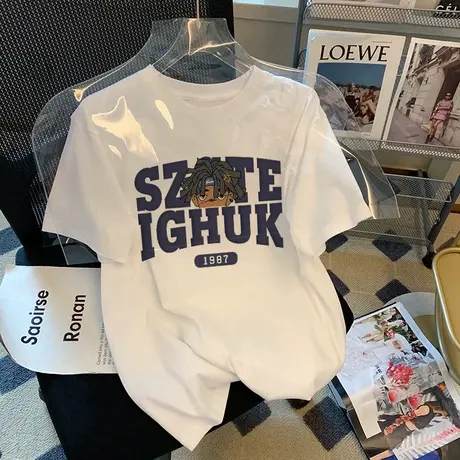 纯棉重磅美式复古短袖t恤女夏季2023新款宽松ins潮牌设计感上衣服商品大图