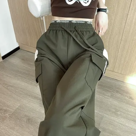美式复古工装裤女春秋高腰宽松显瘦军绿色休闲阔腿抽绳束脚运动裤商品大图