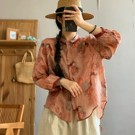 dza 复古气质苎麻上衣女士翻领长袖衬衫2024春夏新款宽松棉麻衬衣图片