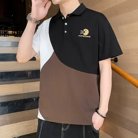 潮牌宽松短袖翻领t恤男港风潮流夏季拼接撞色个性刺绣纯棉打底衫商品大图