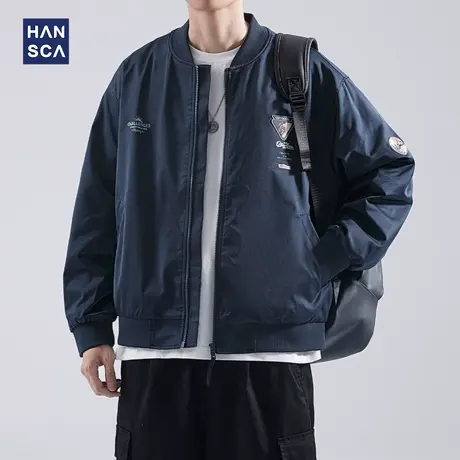 hansca棒球领夹克男秋季潮牌痞帅宽松刺绣微章休闲复古开衫外套男图片